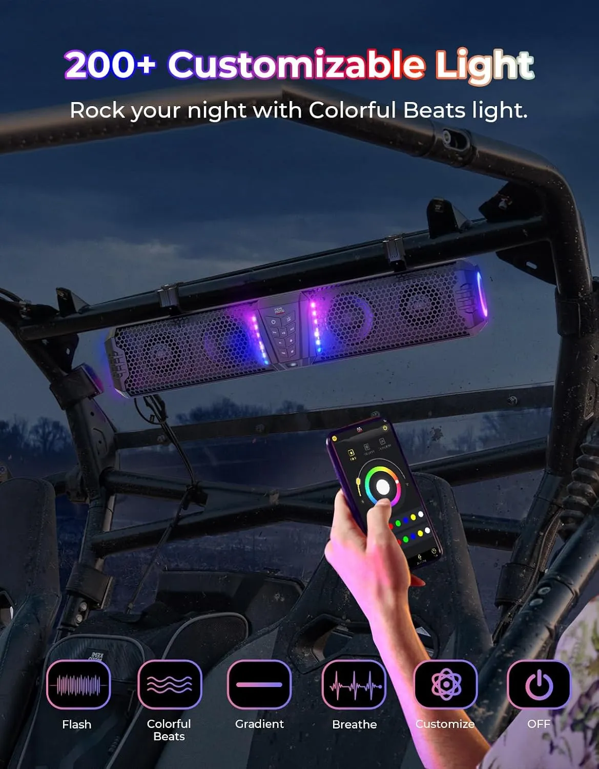 KEMIMOTO Midnight 60 26-inch UTV Sound Bar Waterproof IP66, 65Hz Deep Bass, APP Control Multicolor Lights, Metal-Built Soundbar Bluetooth for ATV Golf Cart Marine Boat fits 1"-2" Roll Bar