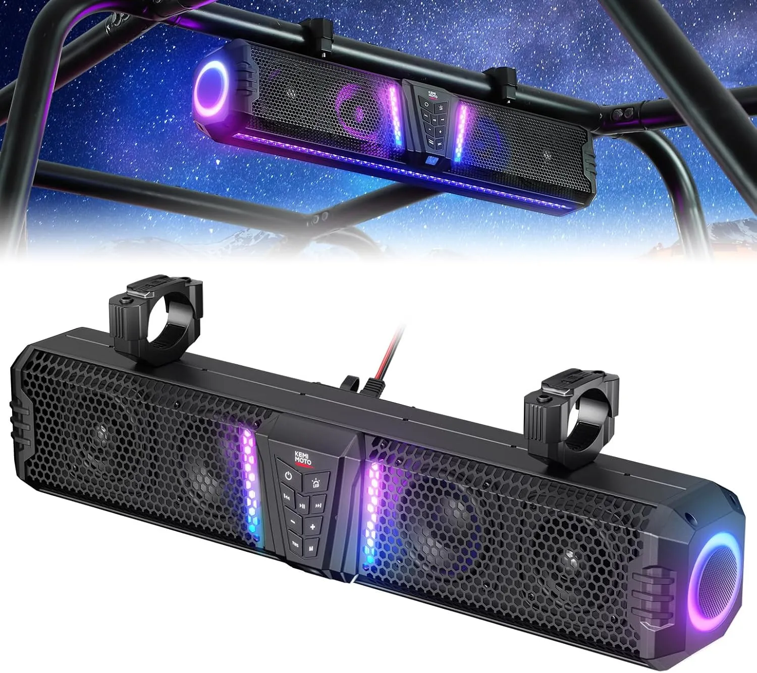 KEMIMOTO Midnight 60 26-inch UTV Sound Bar Waterproof IP66, 65Hz Deep Bass, APP Control Multicolor Lights, Metal-Built Soundbar Bluetooth for ATV Golf Cart Marine Boat fits 1"-2" Roll Bar