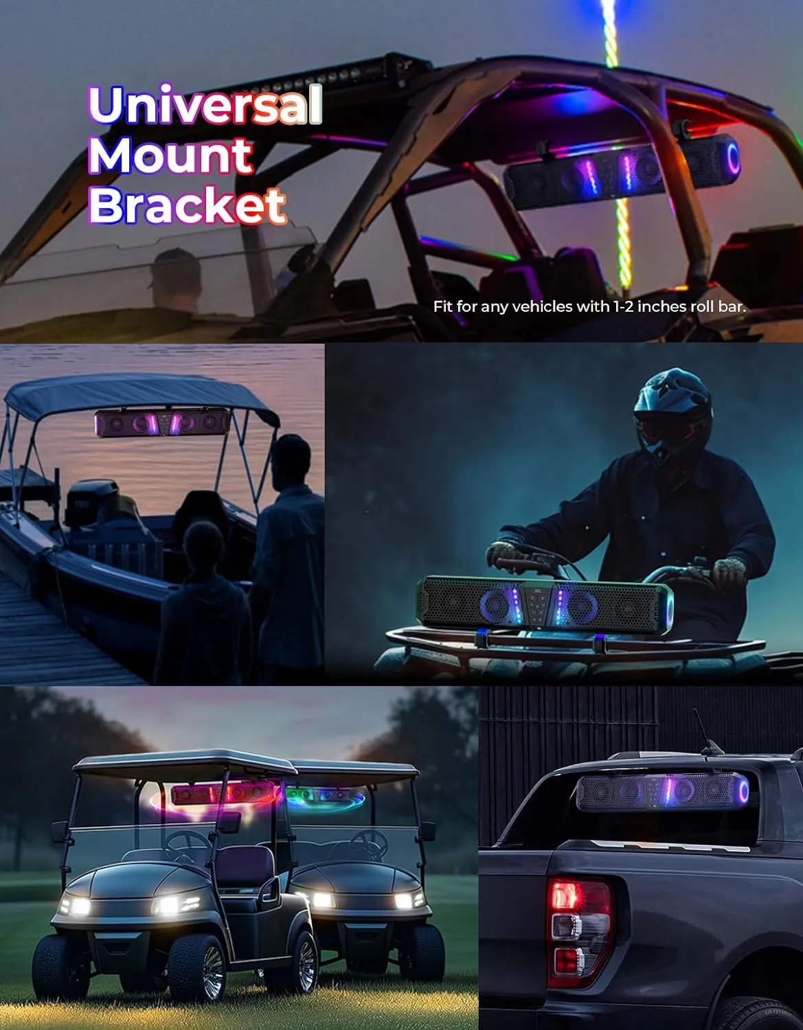 KEMIMOTO Midnight 60 26-inch UTV Sound Bar Waterproof IP66, 65Hz Deep Bass, APP Control Multicolor Lights, Metal-Built Soundbar Bluetooth for ATV Golf Cart Marine Boat fits 1"-2" Roll Bar