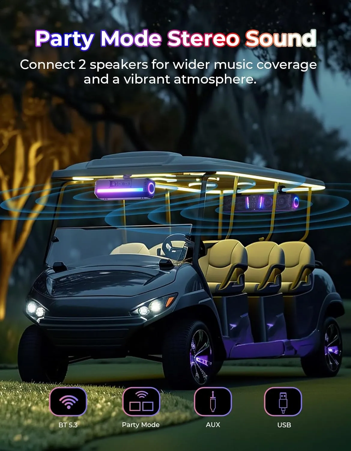 KEMIMOTO Midnight 60 26-inch UTV Sound Bar Waterproof IP66, 65Hz Deep Bass, APP Control Multicolor Lights, Metal-Built Soundbar Bluetooth for ATV Golf Cart Marine Boat fits 1"-2" Roll Bar