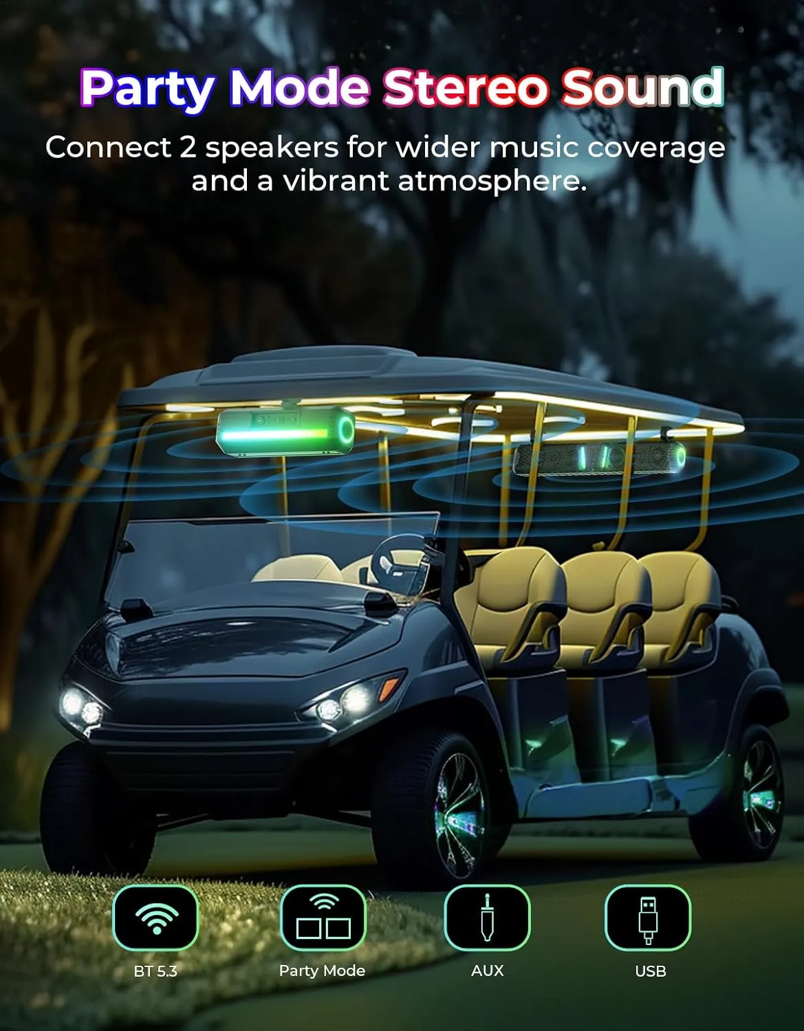 KEMIMOTO Midnight 80 32-inch UTV Sound Bar IP66 Waterproof Music Sync Multicolor Light Wireless Soundbar for UTV Golf Cart Marine Boat w/1''-2'' Roll Bar