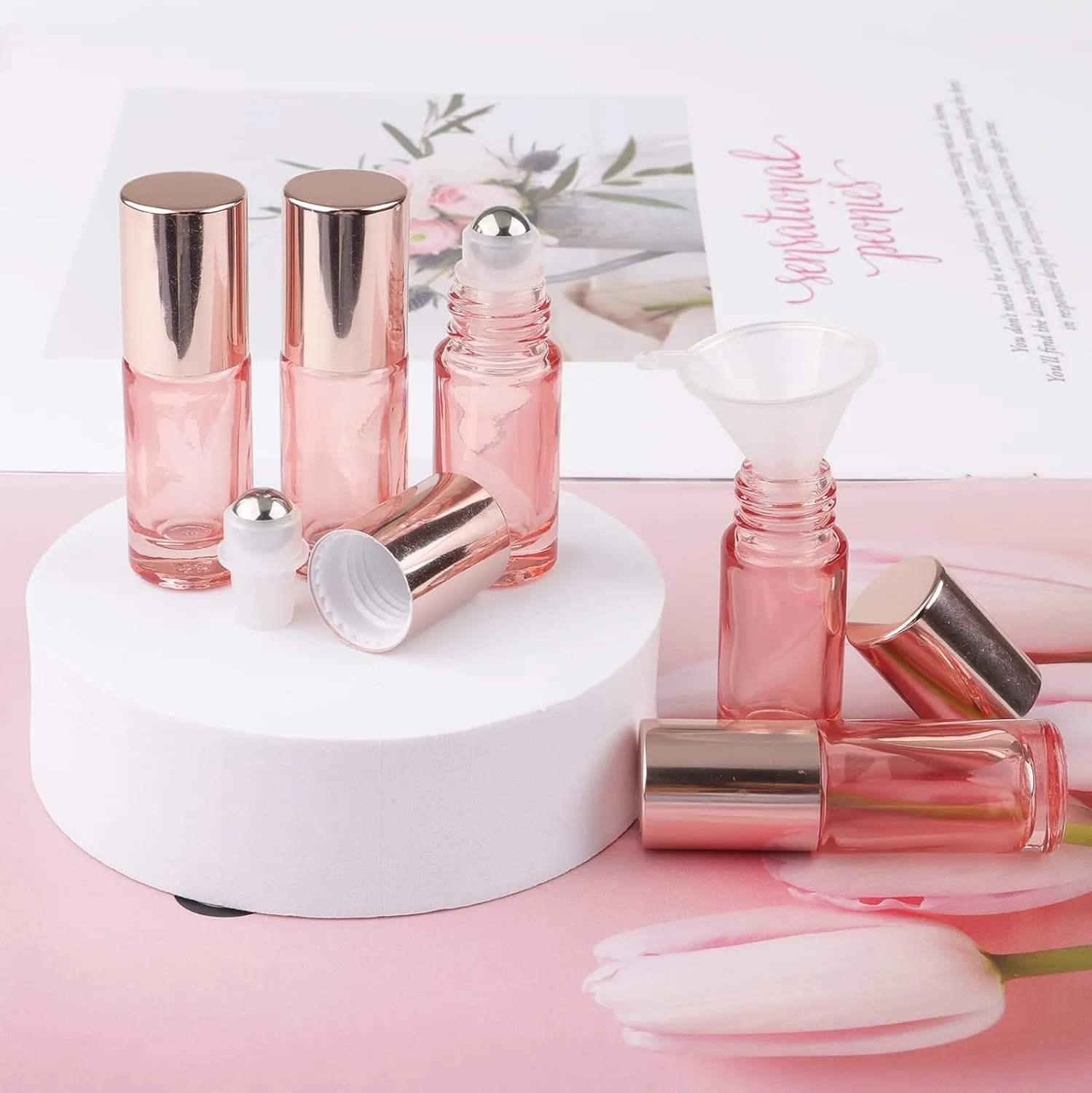 Kesell 14 Pack 5ml Roller Bottles Clear Pink Empty Refillable Glass Sample Vial with Stainless Steel Balls for Essential Oil Perfume Aromatherapy