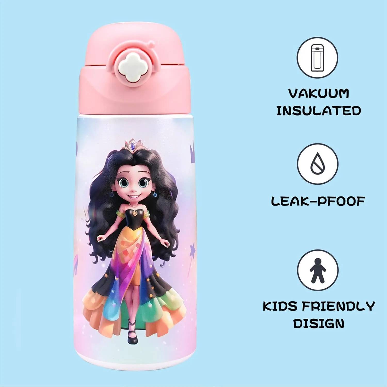 Kids Insulated Water Bottle with Covered Pop-Up Straw,16oz Kids Cups with Stainless Steel Leak Proof for School Boys Girls（5-Princess）