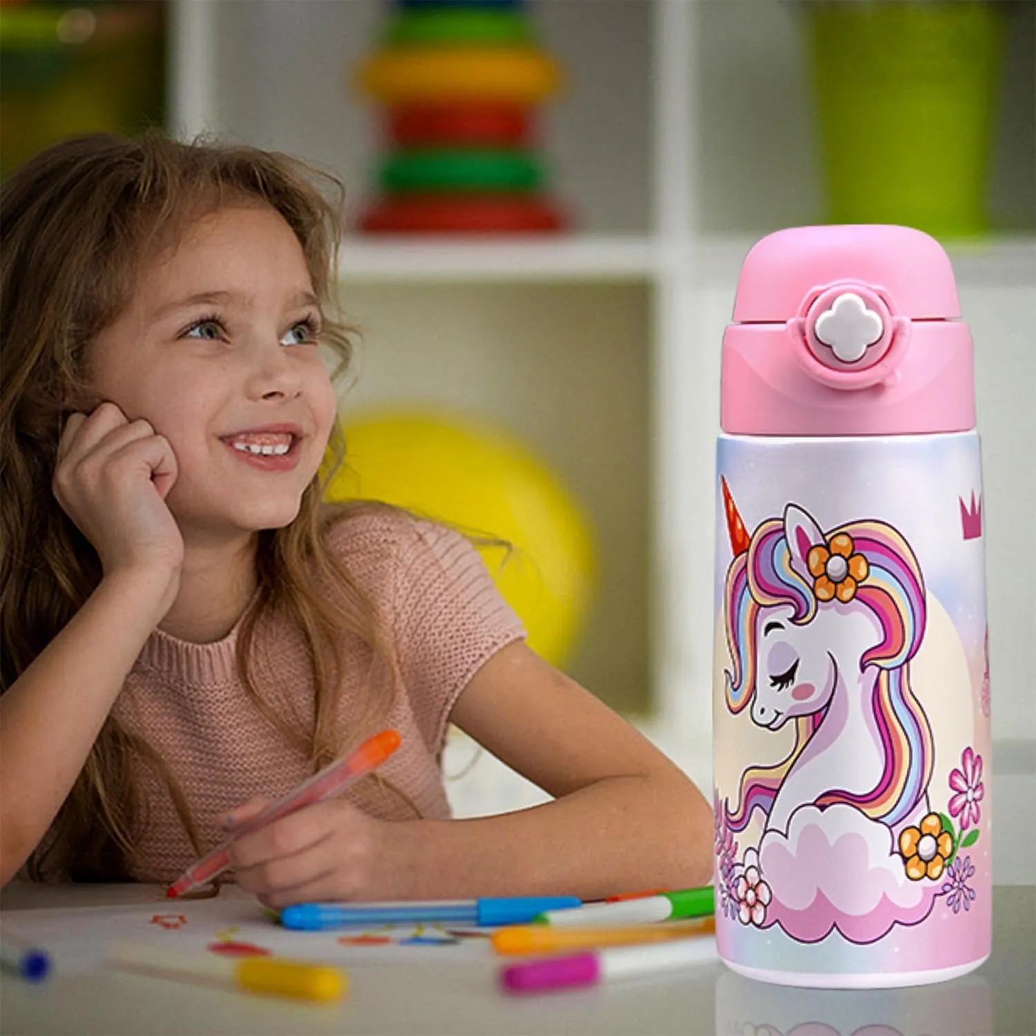 Kids Insulated Water Bottle with Covered Pop-Up Straw,16oz Kids Cups with Stainless Steel Leak Proof for School Boys Girls（5-Princess）