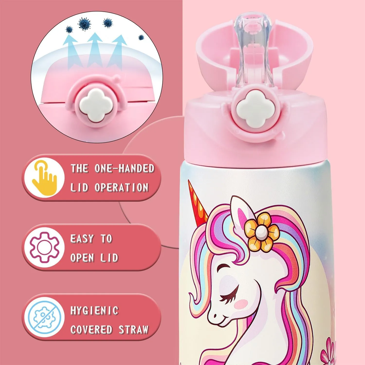 Kids Insulated Water Bottle with Covered Pop-Up Straw,16oz Kids Cups with Stainless Steel Leak Proof for School Boys Girls（5-Princess）