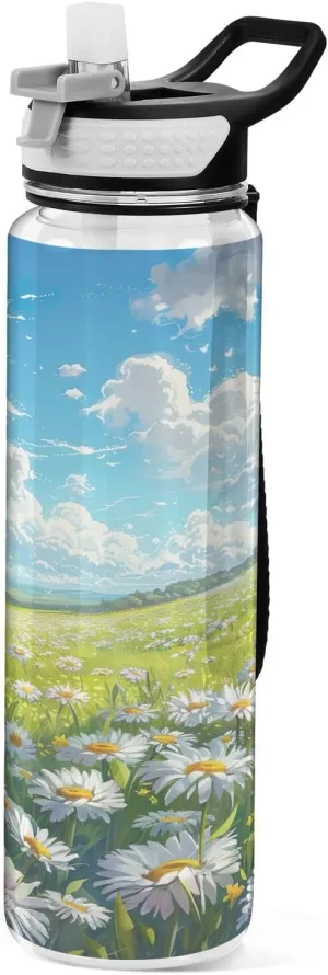 Kigai Transparent Sports Water Bottle 32oz, Field Of Daisies Leakproof Wide Mouth Water Bottle with Straw, BPA Free Water Jug with Detachable Strap & Handle for Fitness Gym Outdoor