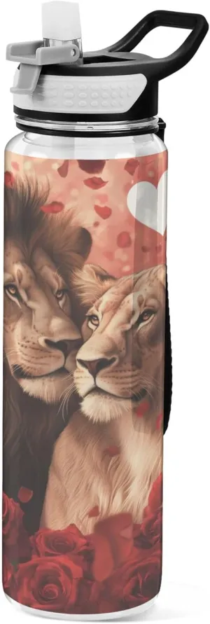 Kigai Transparent Sports Water Bottle 32oz, Lion Leakproof Wide Mouth Water Bottle with Straw, BPA Free Water Jug with Detachable Strap & Handle for Fitness Gym Outdoor