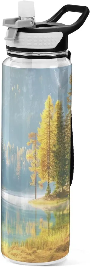 Kigai Transparent Sports Water Bottle 32oz, Nature Landscape Leakproof Wide Mouth Water Bottle with Straw, BPA Free Water Jug with Detachable Strap & Handle for Fitness Gym Outdoor