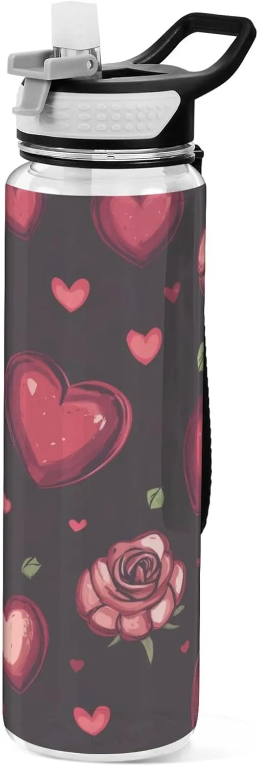 Kigai Transparent Sports Water Bottle 32oz, Valentine Roses Hearts Leakproof Wide Mouth Water Bottle with Straw, BPA Free Water Jug with Detachable Strap & Handle for Fitness Gym Outdoor