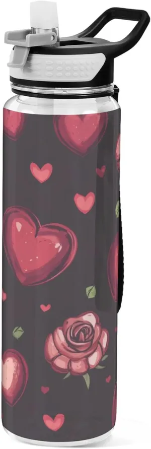 Kigai Transparent Sports Water Bottle 32oz, Valentine Roses Hearts Leakproof Wide Mouth Water Bottle with Straw, BPA Free Water Jug with Detachable Strap & Handle for Fitness Gym Outdoor