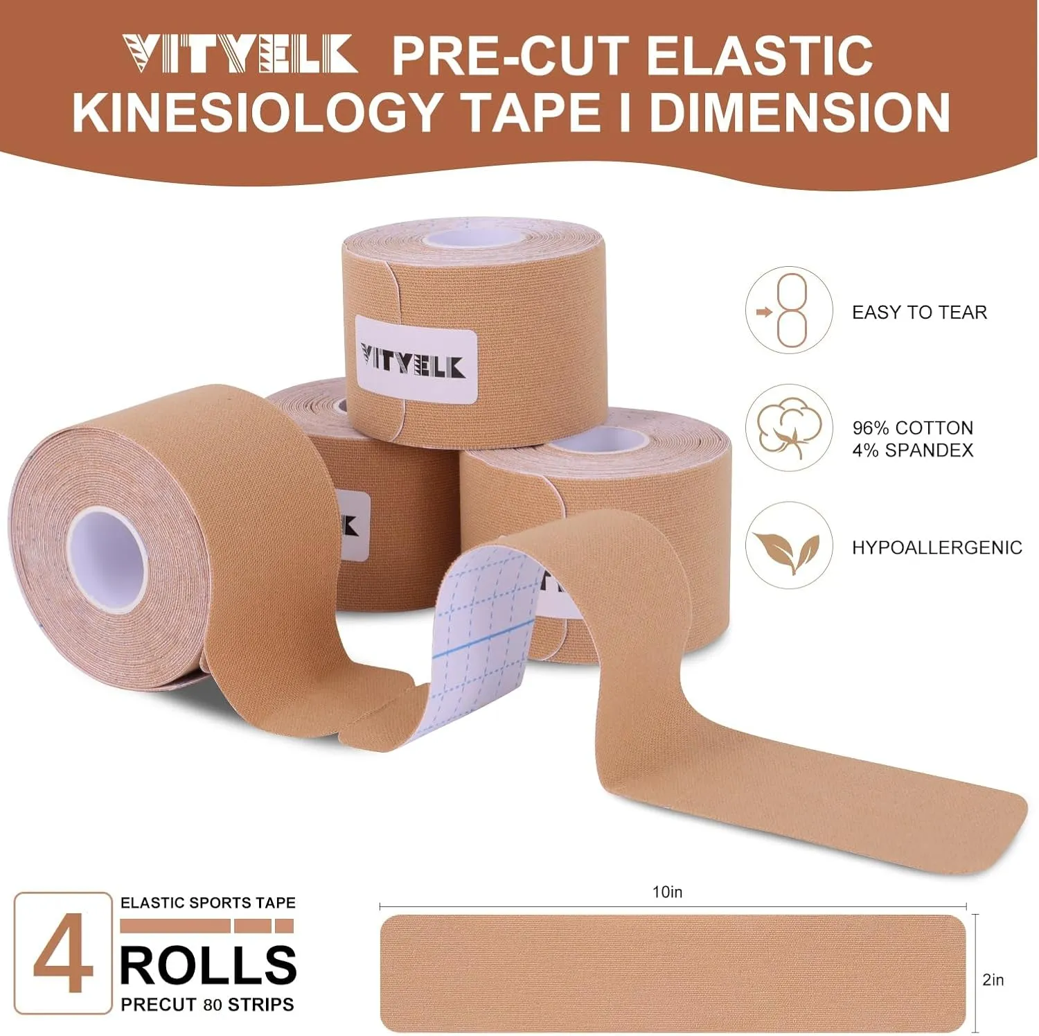 Kinesiology Tape (4 Rolls)，20 Count/Roll Elastic Premium Precut Strips Athletic Tape， Hypoallergenic Cotton Waterproof K Tape for Muscle Pain Relief and Joint Support(Pink)
