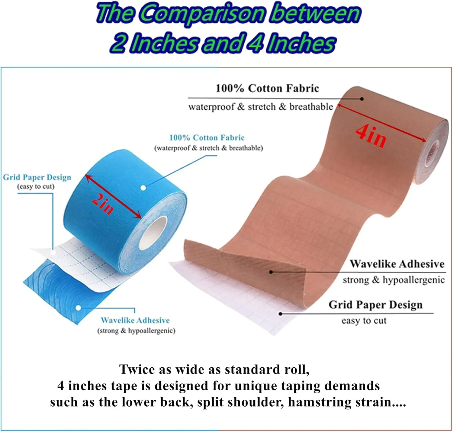 Kinesiology Tape Extra Wide 2 inch 4 inch x 16.4 feet Roll Waterproof Latex Free Athletic for Pain Relief, Muscle Support, Recovery