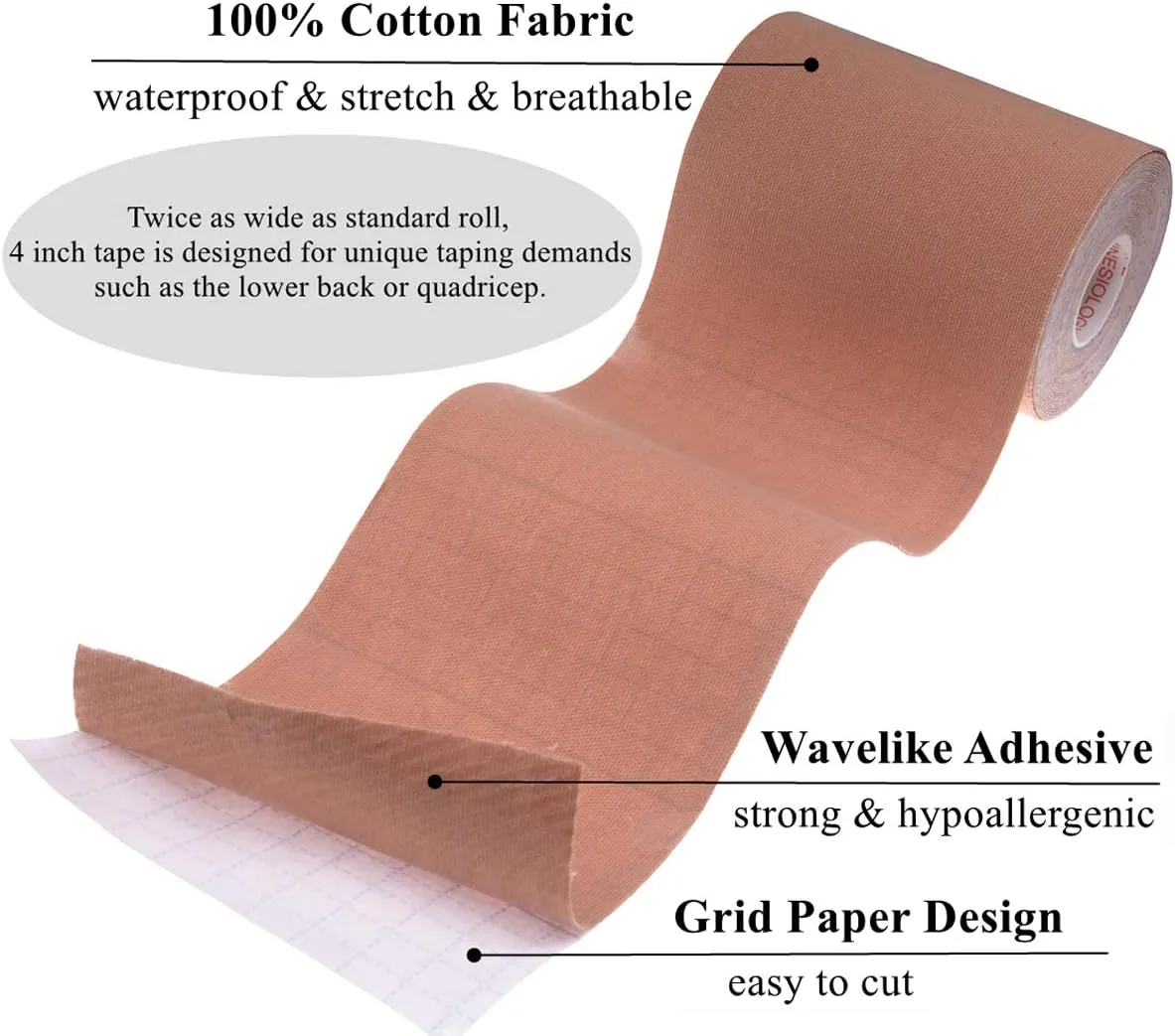 Kinesiology Tape Extra Wide 4 inch x 16.4 feet Roll Waterproof Latex Free Athletic for Pain Relief, Muscle Support, Recovery