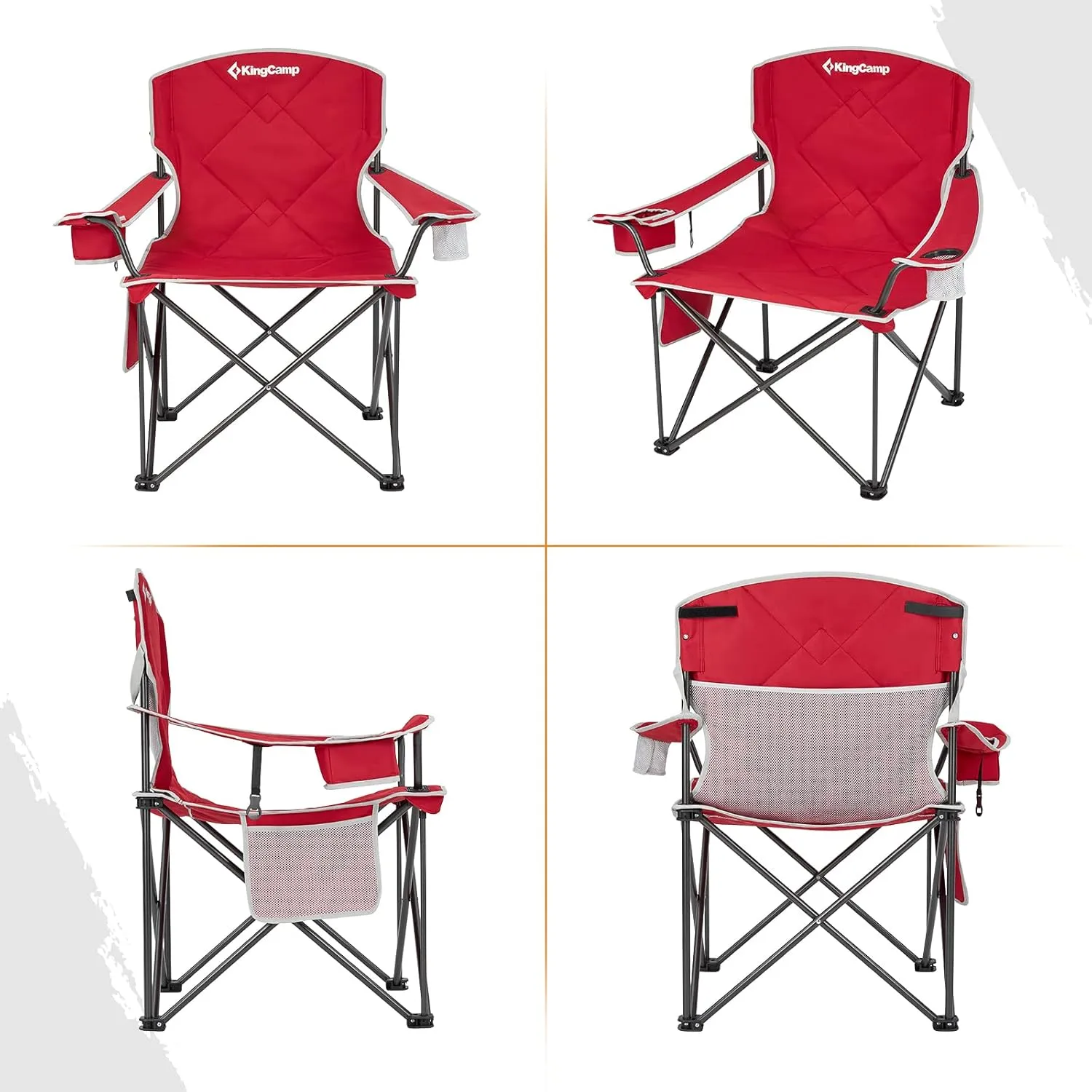 KingCamp Portable Folding Camping Quad Chair, Oversized Fully Cushioned Seat with Side Pocket and Cup Holder, for Tailgates, Beach, Lawn