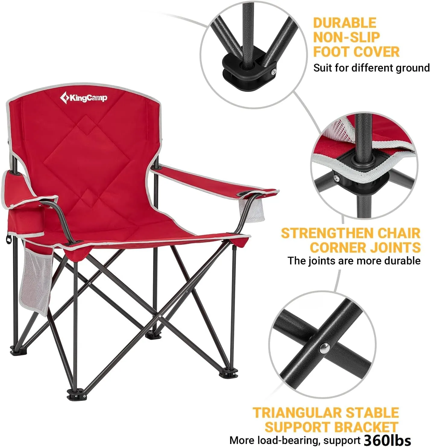 KingCamp Portable Folding Camping Quad Chair, Oversized Fully Cushioned Seat with Side Pocket and Cup Holder, for Tailgates, Beach, Lawn