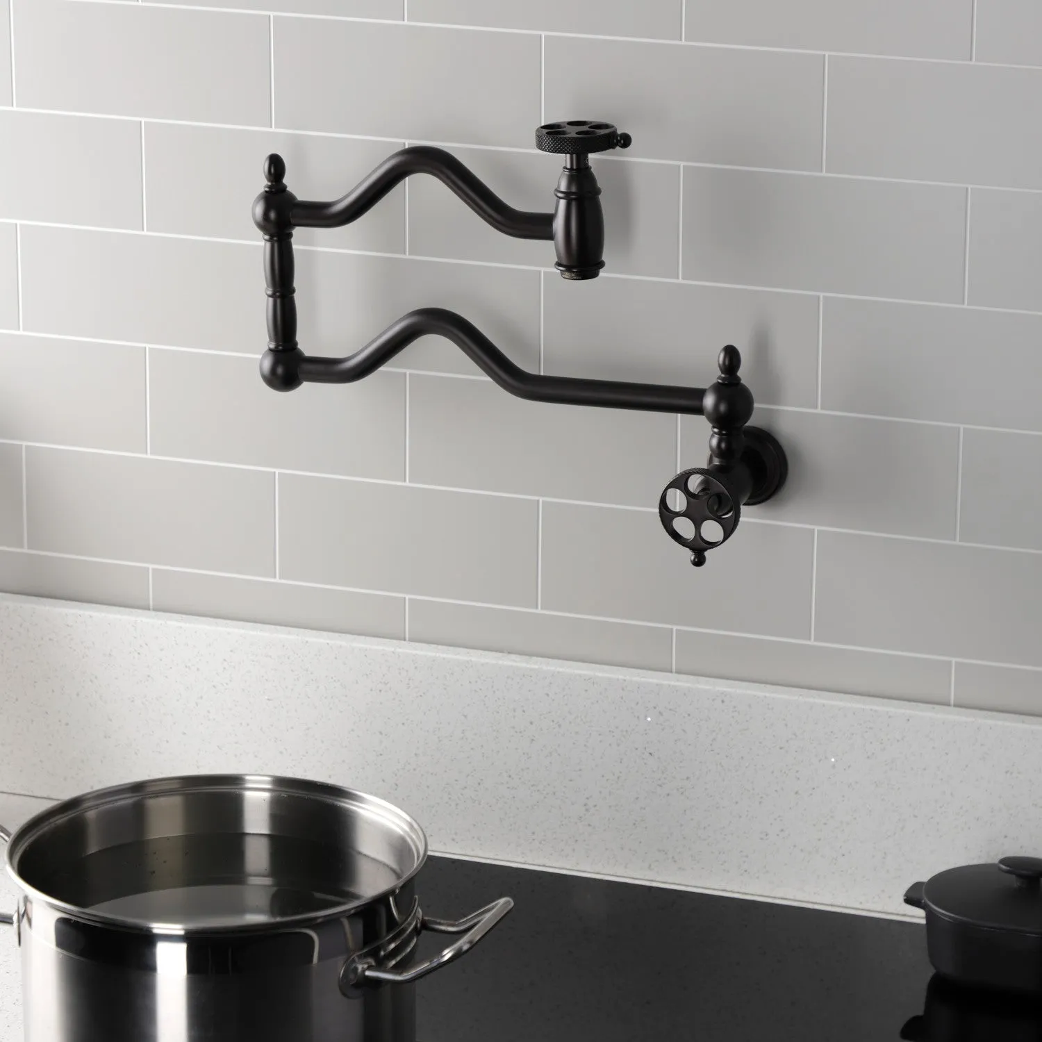Kingston Brass KS2105RKX Webb Wall Mount Pot Filler Faucet with Knurled Handle, Oil Rubbed Bronze