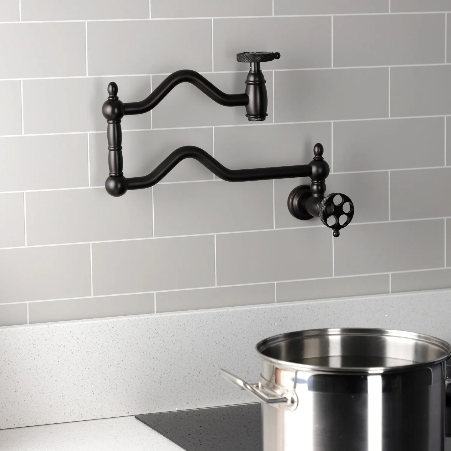 Kingston Brass KS2105RKX Webb Wall Mount Pot Filler Faucet with Knurled Handle, Oil Rubbed Bronze