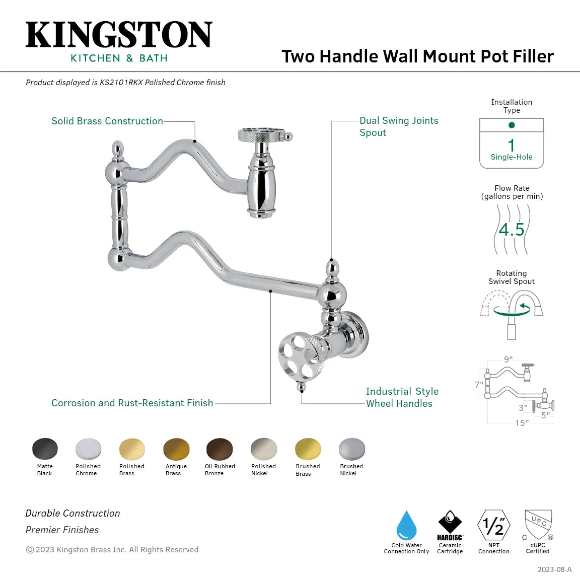 Kingston Brass KS2105RKX Webb Wall Mount Pot Filler Faucet with Knurled Handle, Oil Rubbed Bronze