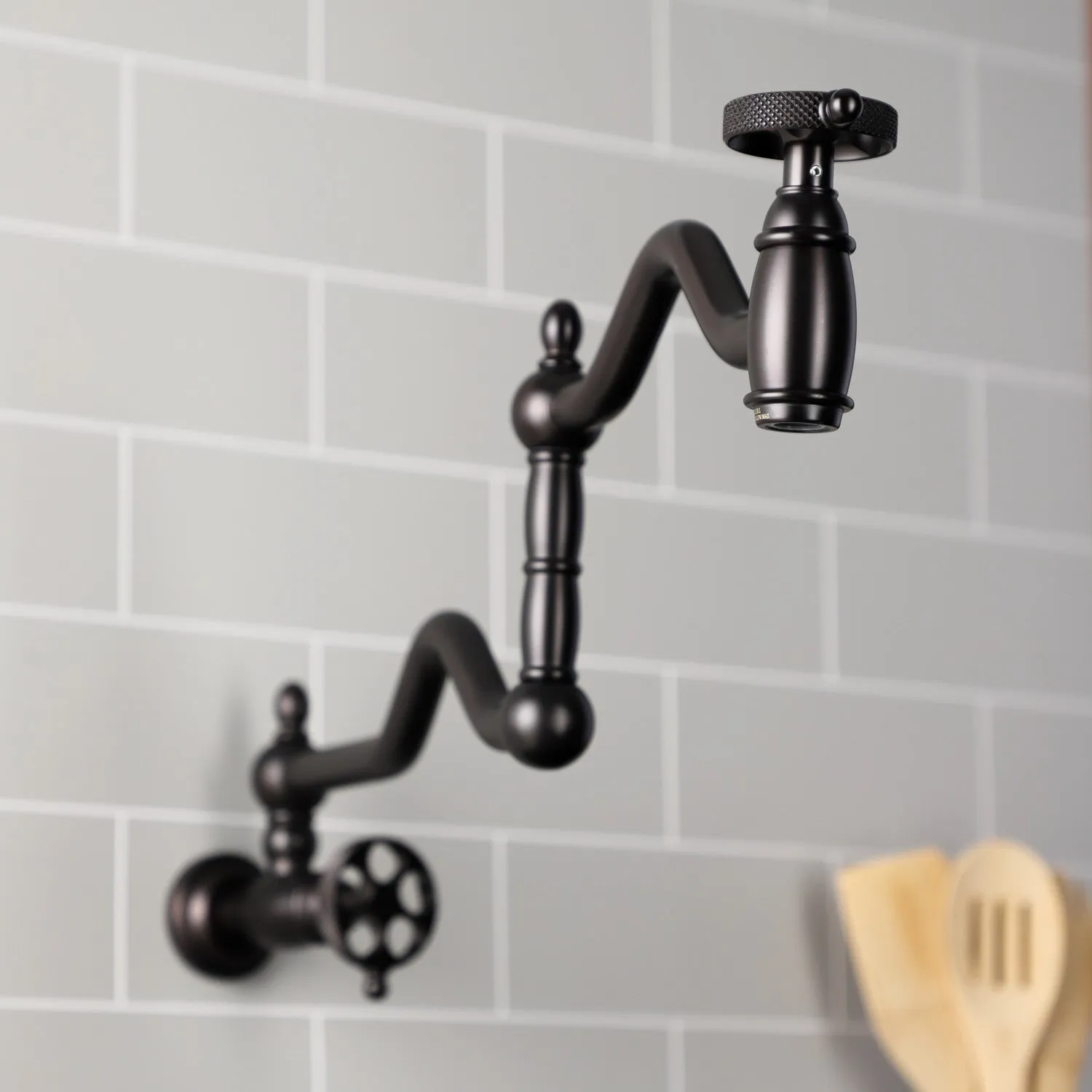 Kingston Brass KS2105RKX Webb Wall Mount Pot Filler Faucet with Knurled Handle, Oil Rubbed Bronze