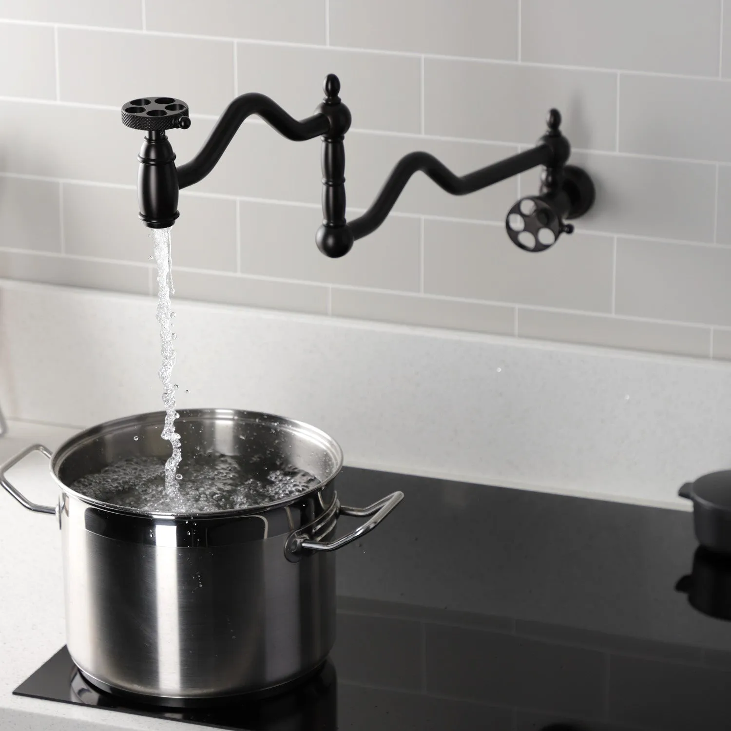 Kingston Brass KS2105RKX Webb Wall Mount Pot Filler Faucet with Knurled Handle, Oil Rubbed Bronze