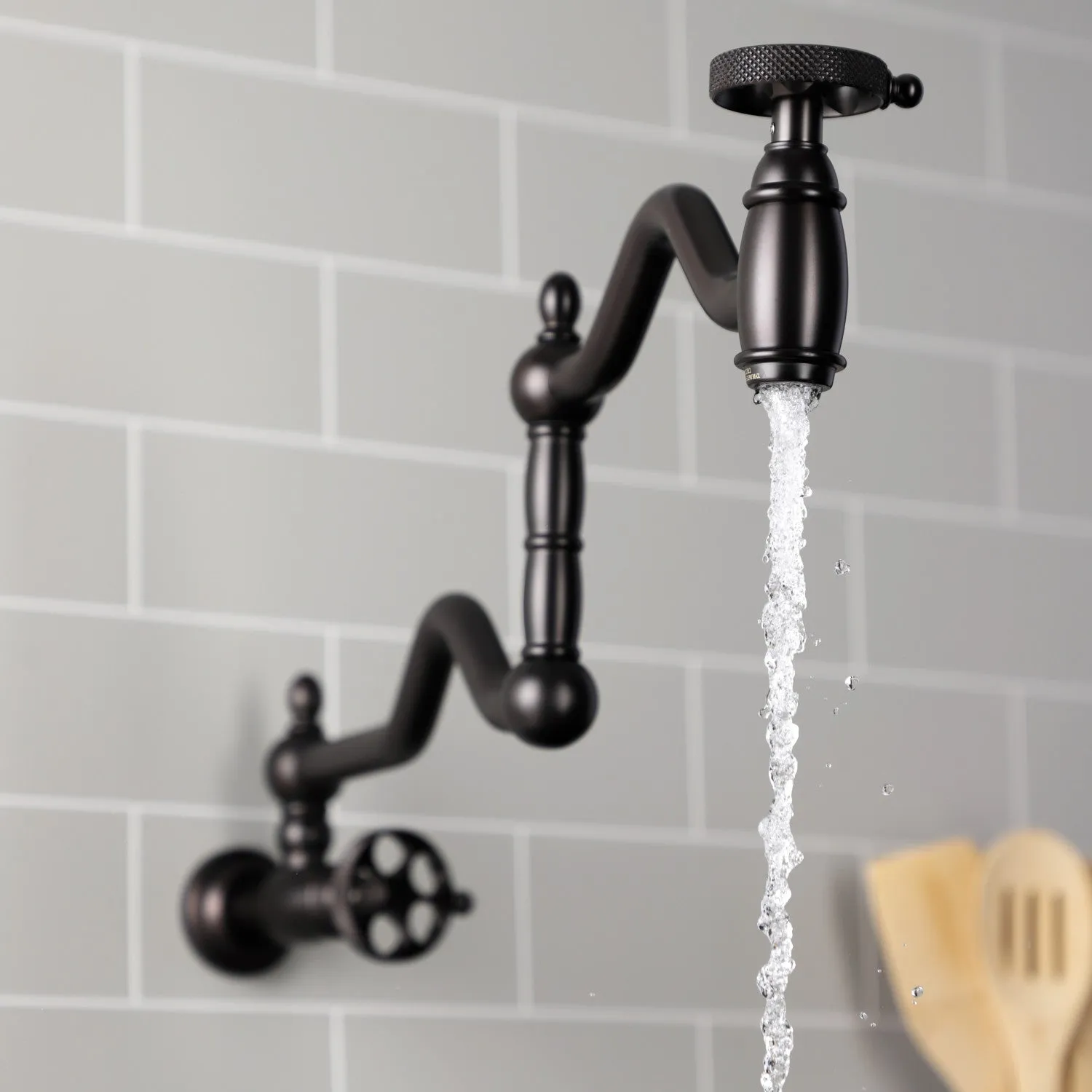 Kingston Brass KS2105RKX Webb Wall Mount Pot Filler Faucet with Knurled Handle, Oil Rubbed Bronze