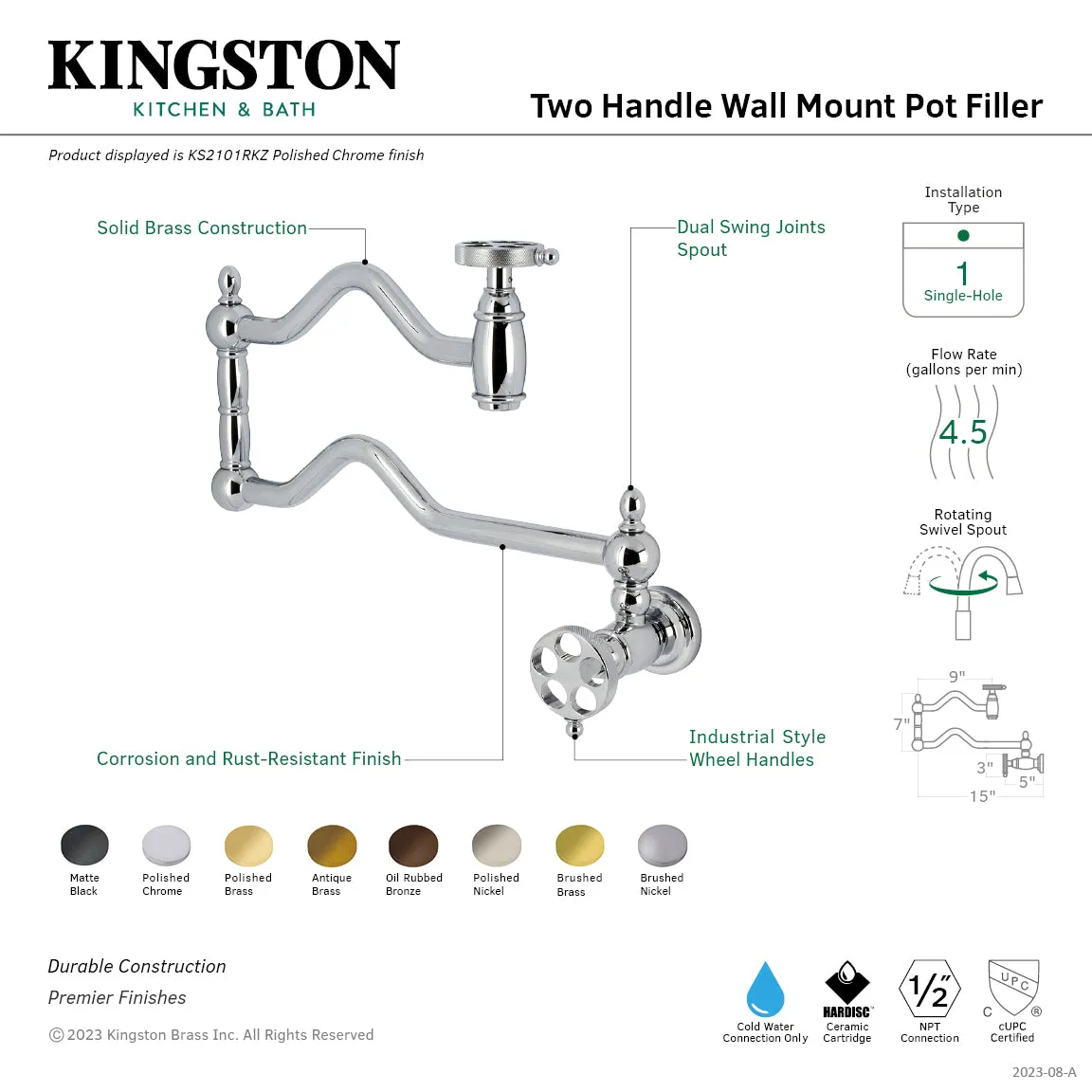 Kingston Brass KS2105RKZ Wendell Wall Mount Pot Filler Faucet with Knurled Handle, Oil Rubbed Bronze