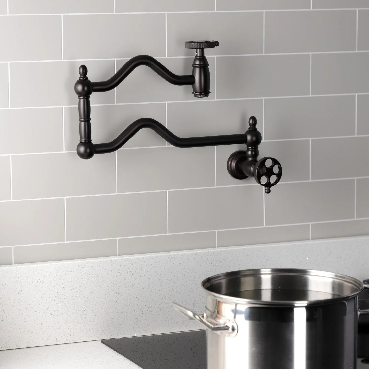 Kingston Brass KS2105RKZ Wendell Wall Mount Pot Filler Faucet with Knurled Handle, Oil Rubbed Bronze