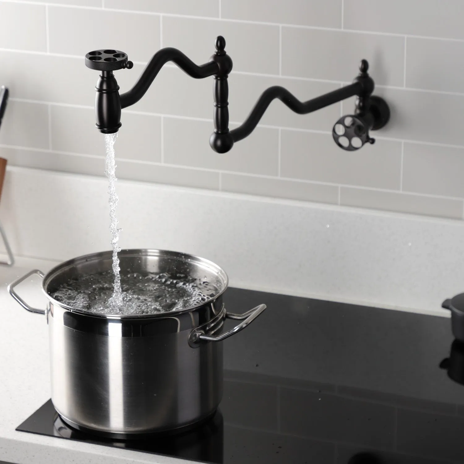 Kingston Brass KS2105RKZ Wendell Wall Mount Pot Filler Faucet with Knurled Handle, Oil Rubbed Bronze