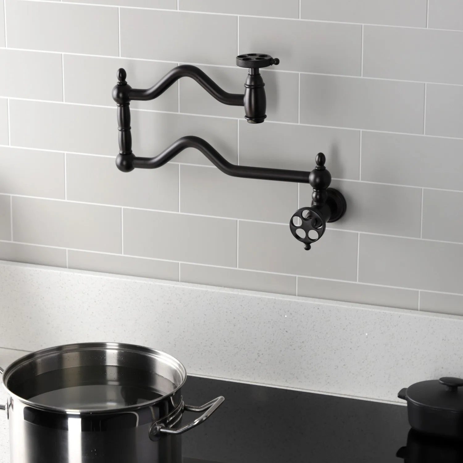 Kingston Brass KS2105RKZ Wendell Wall Mount Pot Filler Faucet with Knurled Handle, Oil Rubbed Bronze