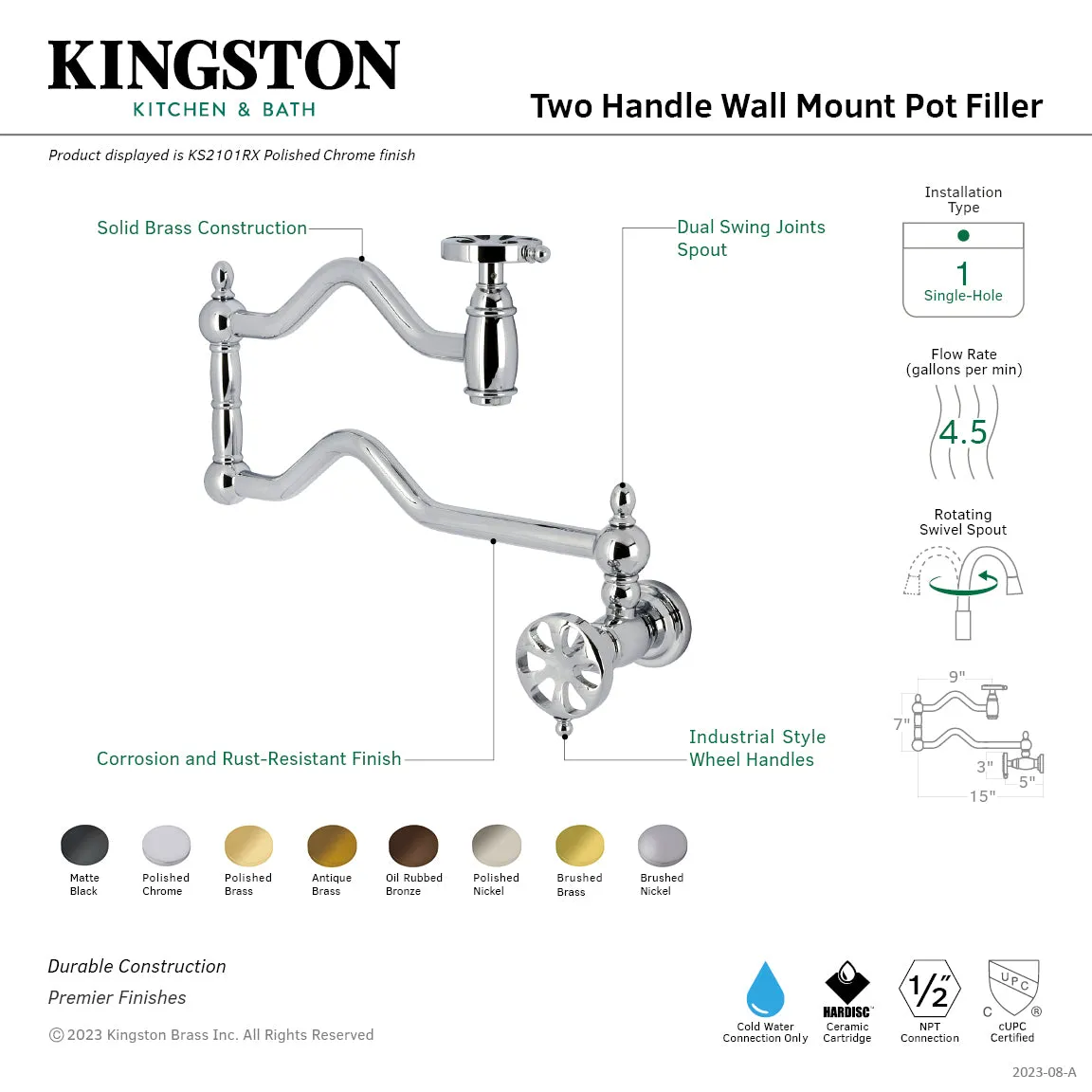Kingston Brass KS2105RX Belknap Wall Mount Pot Filler Faucet, Oil Rubbed Bronze