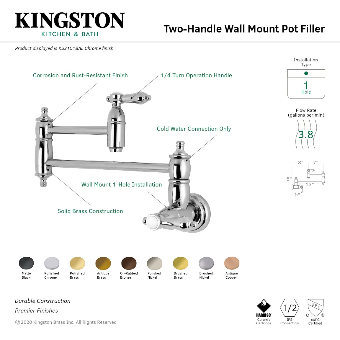 Kingston Brass KS3105BAL Heirloom Wall Mount Pot Filler Faucet, Oil Rubbed Bronze