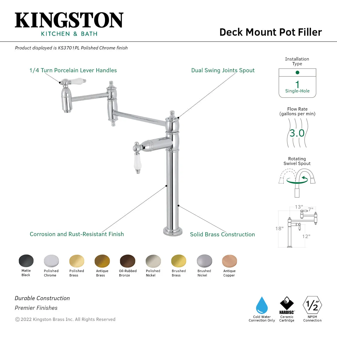 Kingston Brass KS3705PL Restoration Deck Mount Pot Filler Faucet, Oil Rubbed Bronze