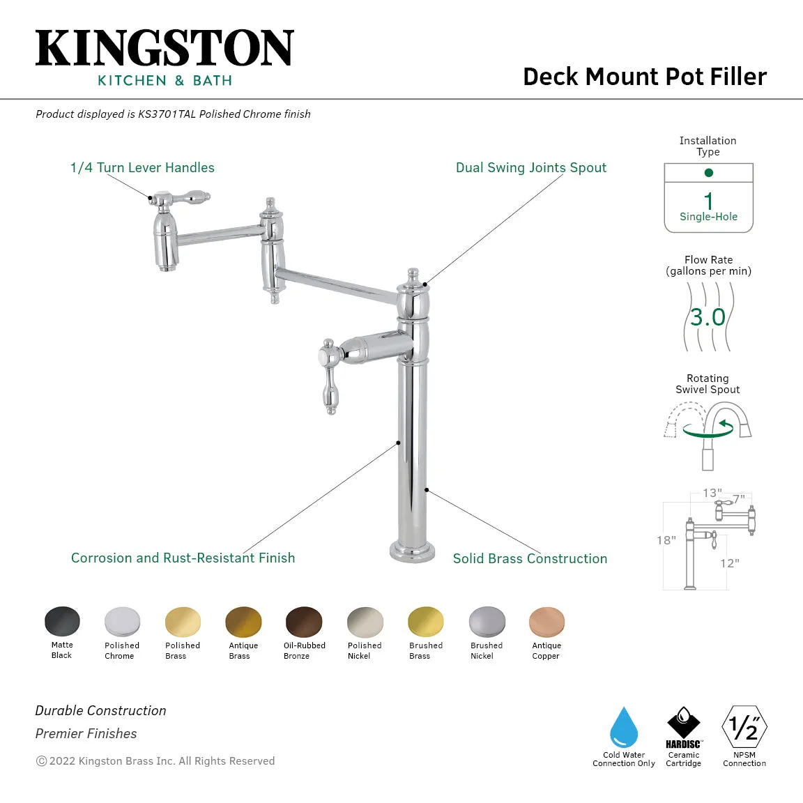 Kingston Brass KS3705TAL Tudor Deck Mount Pot Filler Faucet, Oil Rubbed Bronze