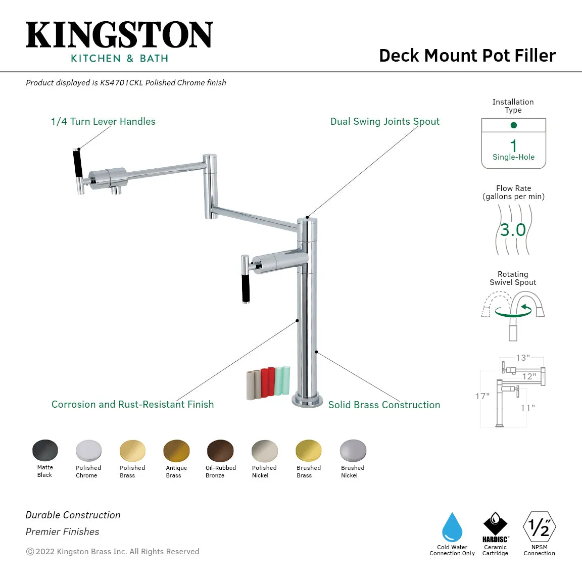 Kingston Brass KS4705CKL Kaiser Deck Mount Pot Filler Faucet, Oil Rubbed Bronze