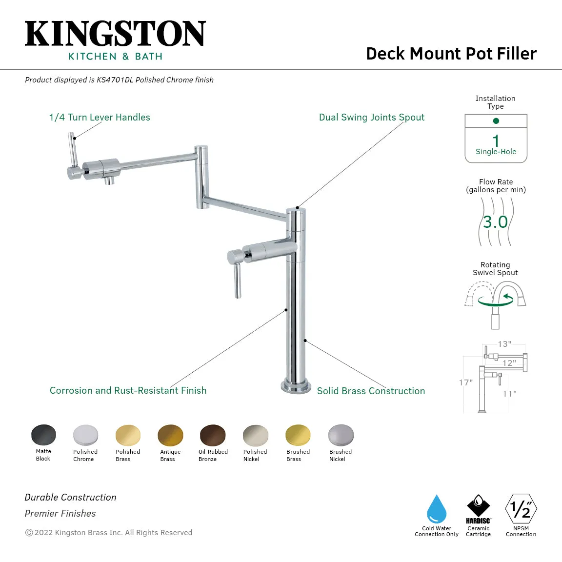 Kingston Brass KS4705DL Concord Deck Mount Pot Filler Faucet, Oil Rubbed Bronze