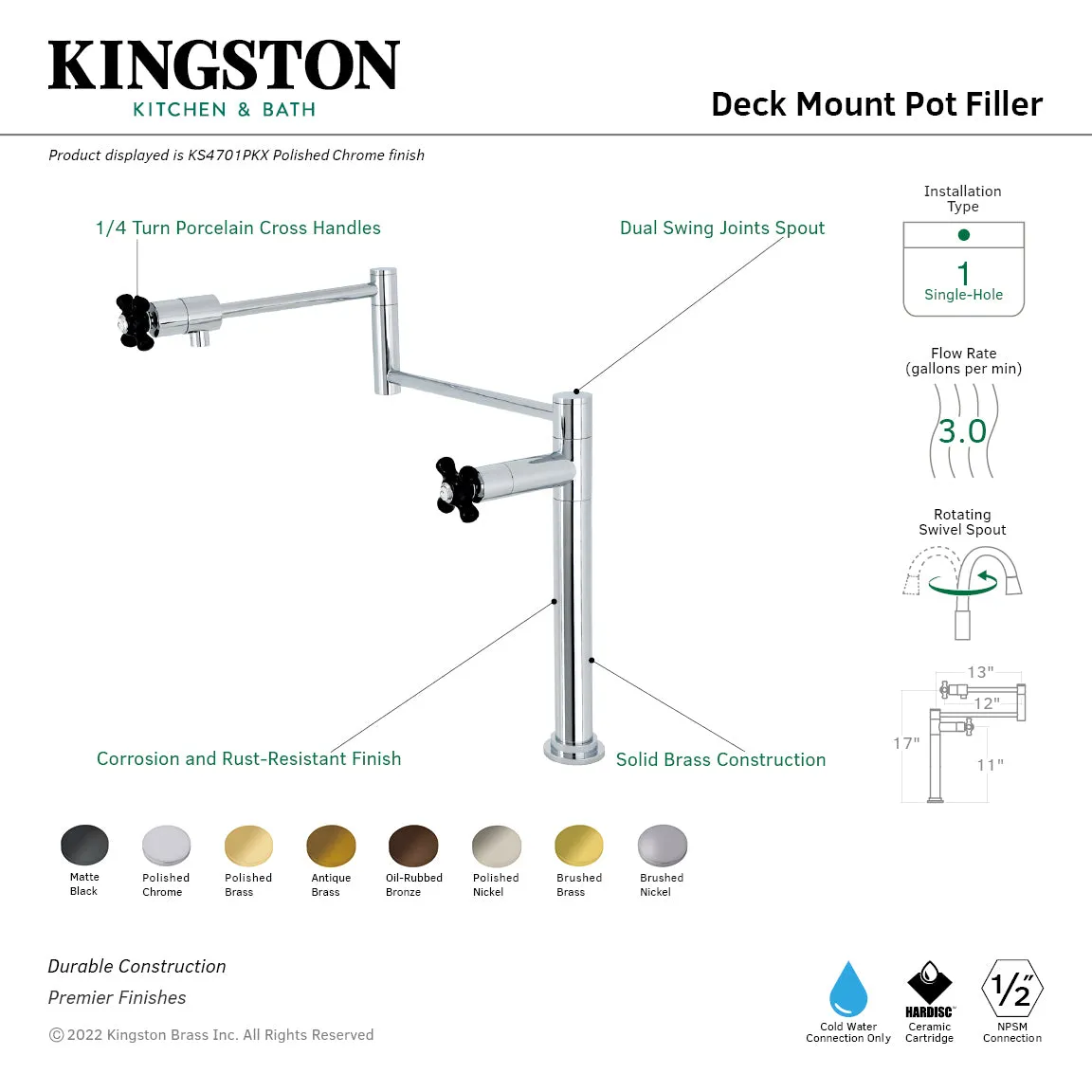 Kingston Brass KS4705PKX Duchess Deck Mount Pot Filler Faucet, Oil Rubbed Bronze