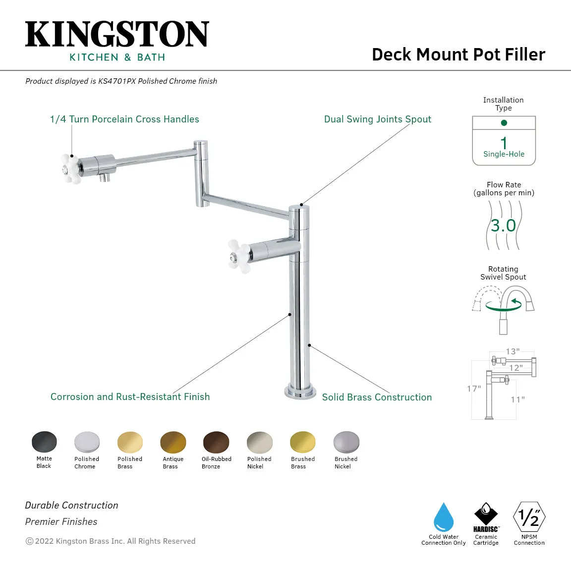 Kingston Brass KS4705PX Metropolitan Deck Mount Pot Filler Faucet, Oil Rubbed Bronze