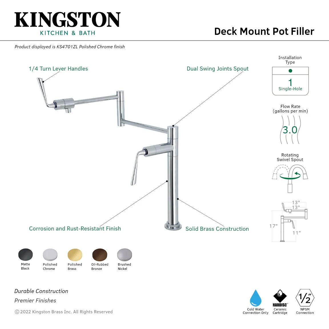 Kingston Brass KS4705ZL Silver Sage Deck Mount Pot Filler Faucet, Oil Rubbed Bronze