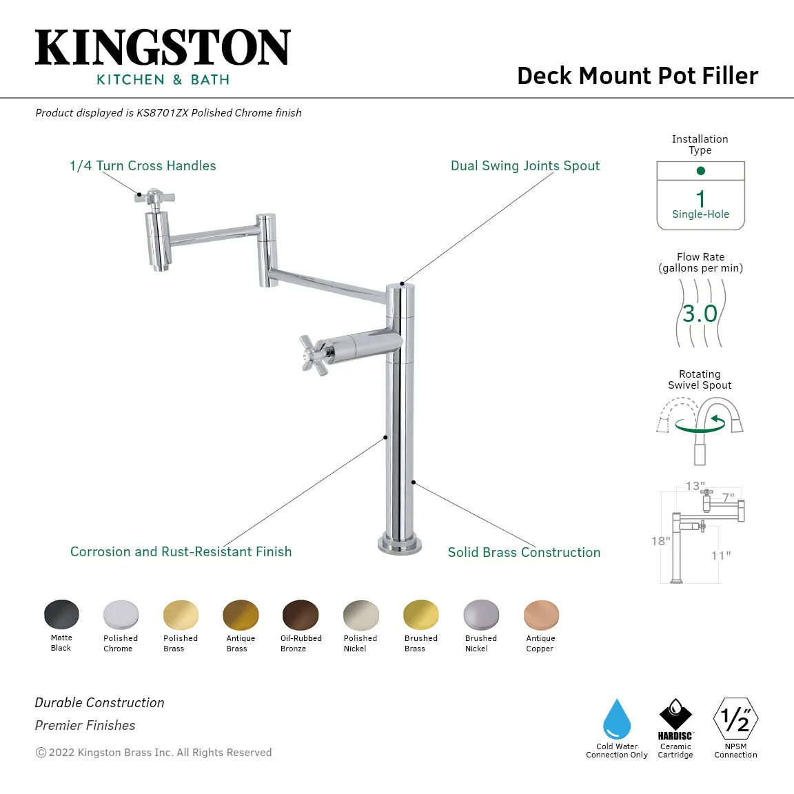 Kingston Brass KS8705ZX Millennium Deck Mount Pot Filler Faucet, Oil Rubbed Bronze