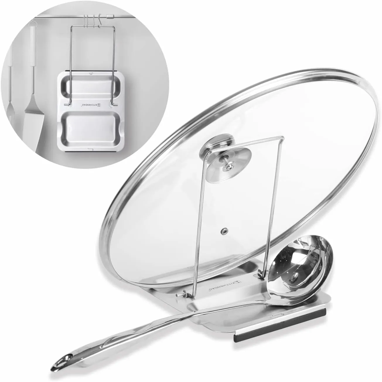 KITCHENDAO Foldable Spoon Rest and Pot Lid Holder for Counter, Non-scratch Silicone Base, Stainless Steel Pan Pot Cover Lid Rack Shelf Stand Holder Spoon Holder Utensil Rest Stove Organizer