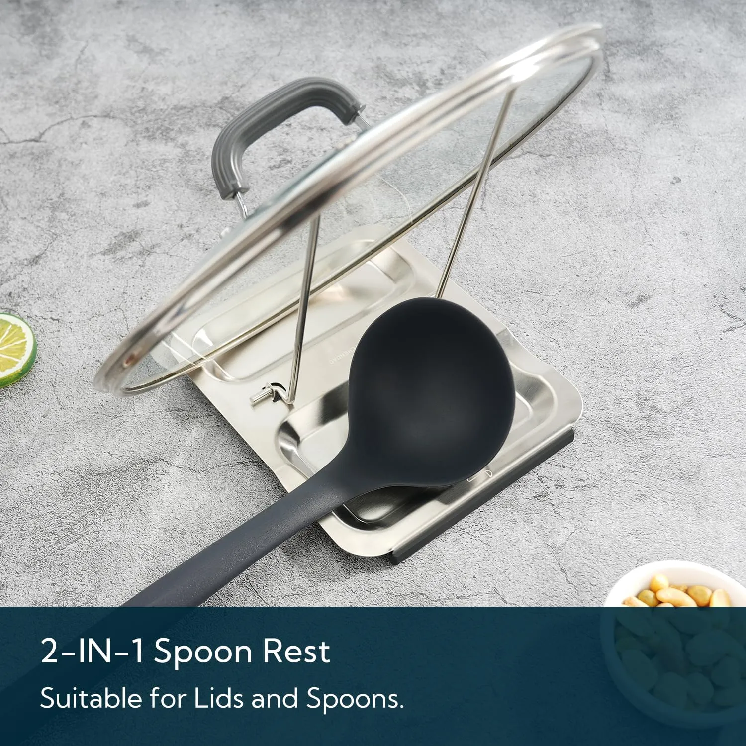 KITCHENDAO Foldable Spoon Rest and Pot Lid Holder for Counter, Non-scratch Silicone Base, Stainless Steel Pan Pot Cover Lid Rack Shelf Stand Holder Spoon Holder Utensil Rest Stove Organizer