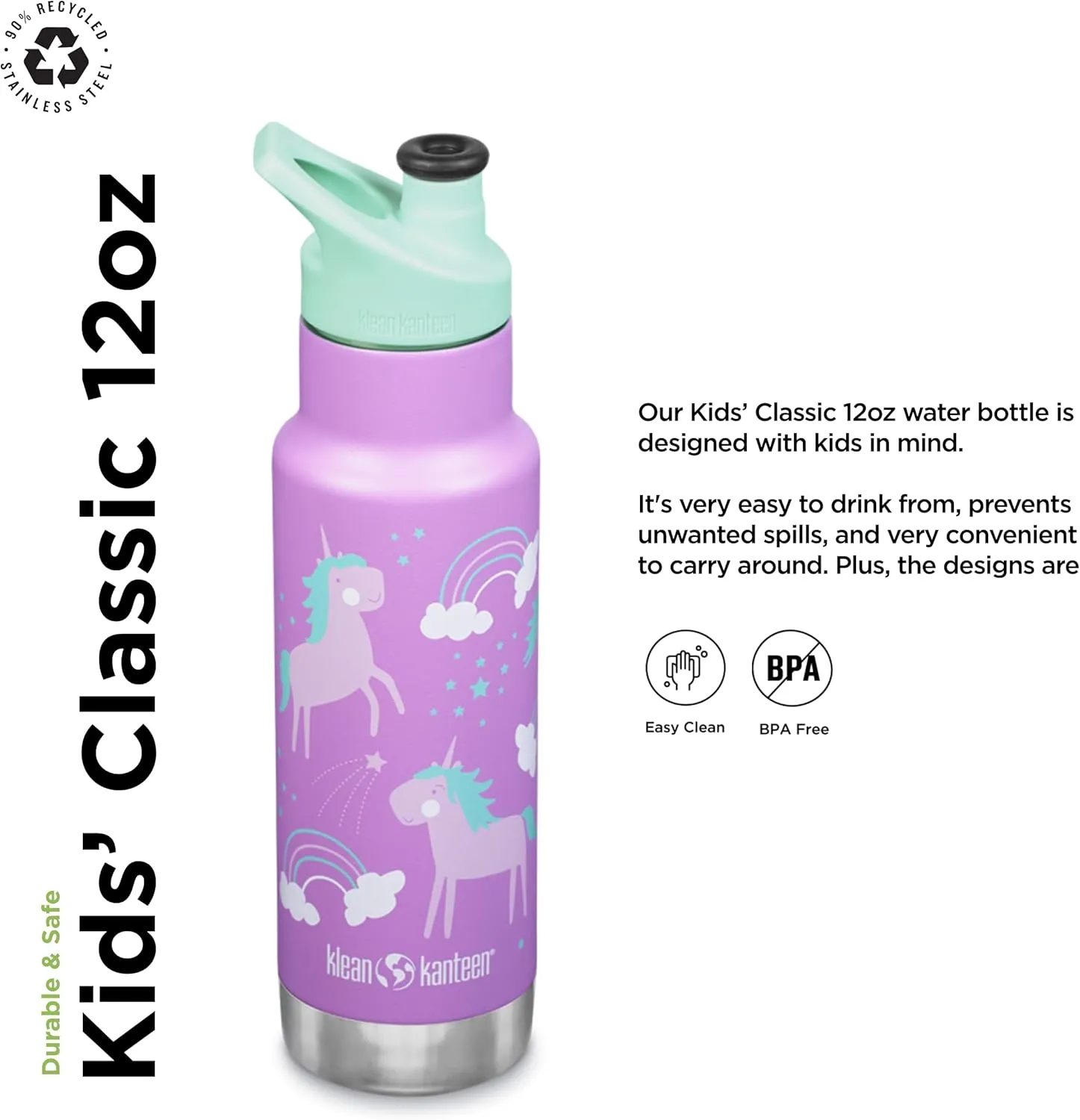 Klean Kanteen Vac Kid Classic Narrow 12oz Stainless Steel (w/Sport Cap) Unicorns