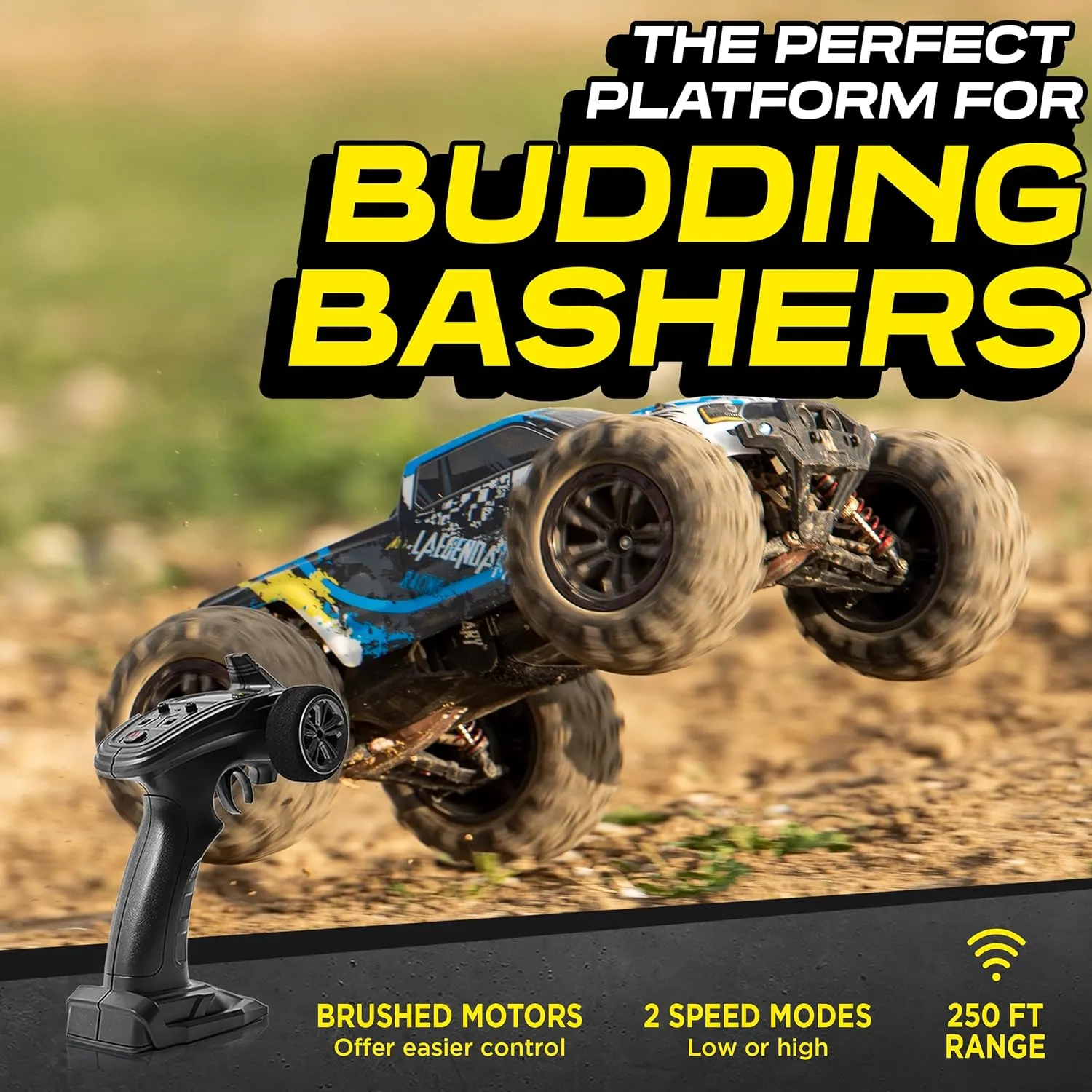 LAEGENDARY 1:10 Scale 4x4 Off-Road RC Truck - Hobby Grade Brushed Motor RC Car with 2 Batteries, Waterproof Fast Remote Control Car for Adults