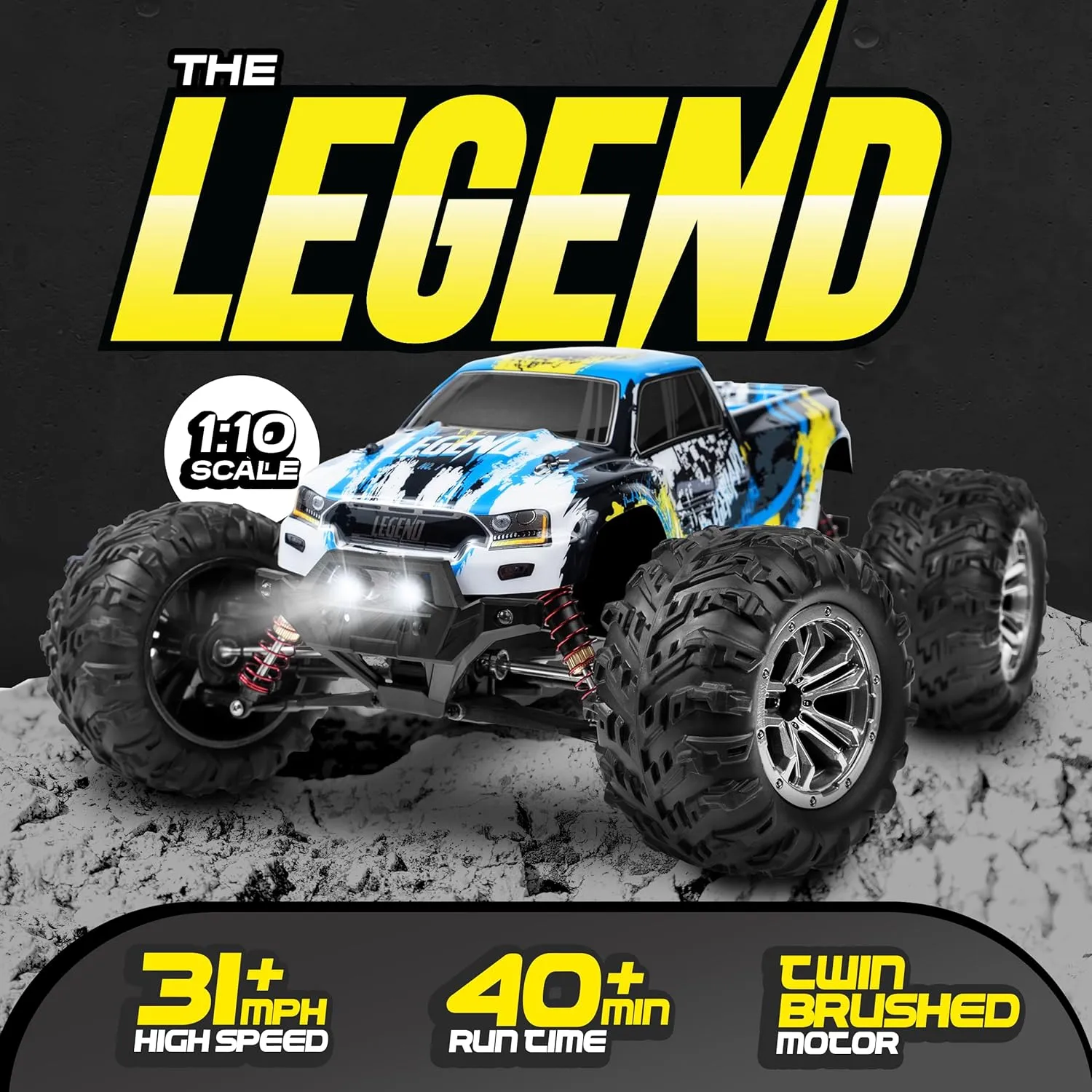 LAEGENDARY 1:10 Scale 4x4 Off-Road RC Truck - Hobby Grade Brushed Motor RC Car with 2 Batteries, Waterproof Fast Remote Control Car for Adults