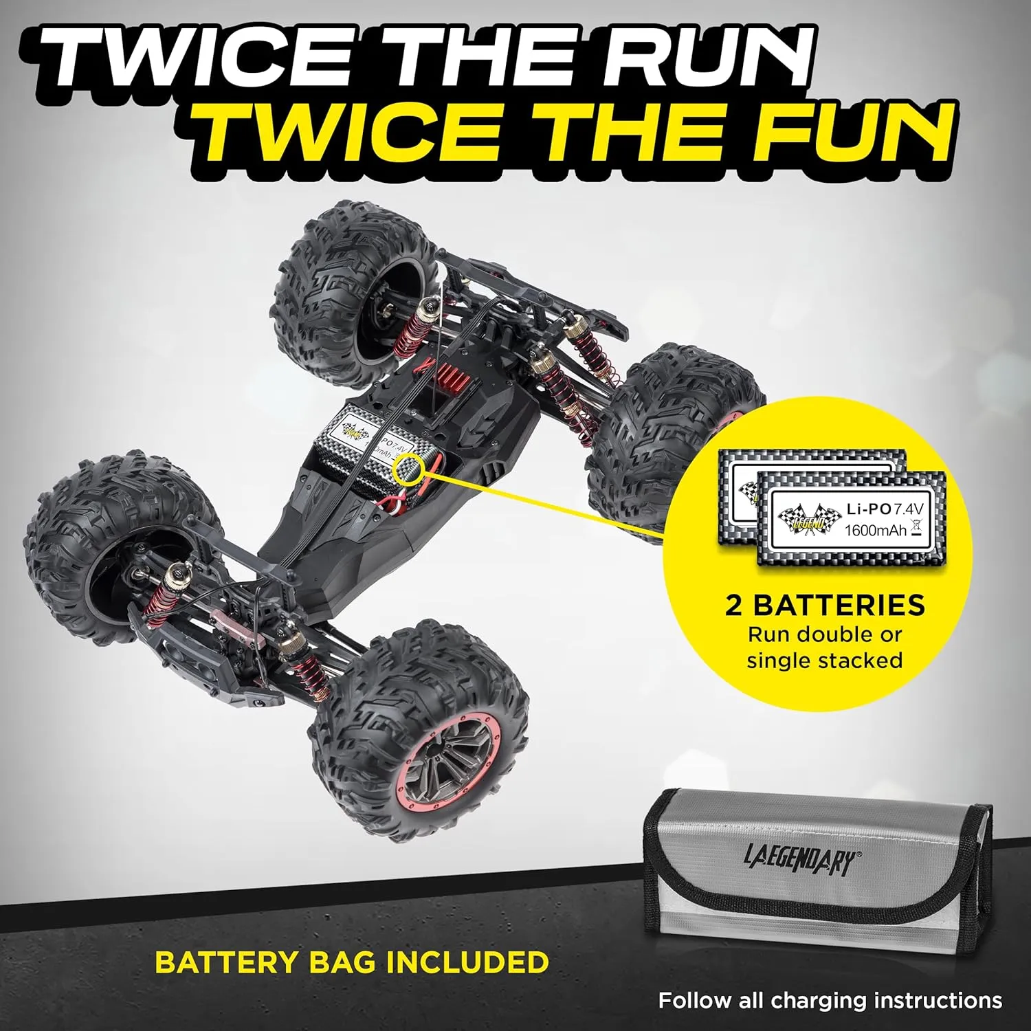 LAEGENDARY 1:10 Scale 4x4 Off-Road RC Truck - Hobby Grade Brushed Motor RC Car with 2 Batteries, Waterproof Fast Remote Control Car for Adults