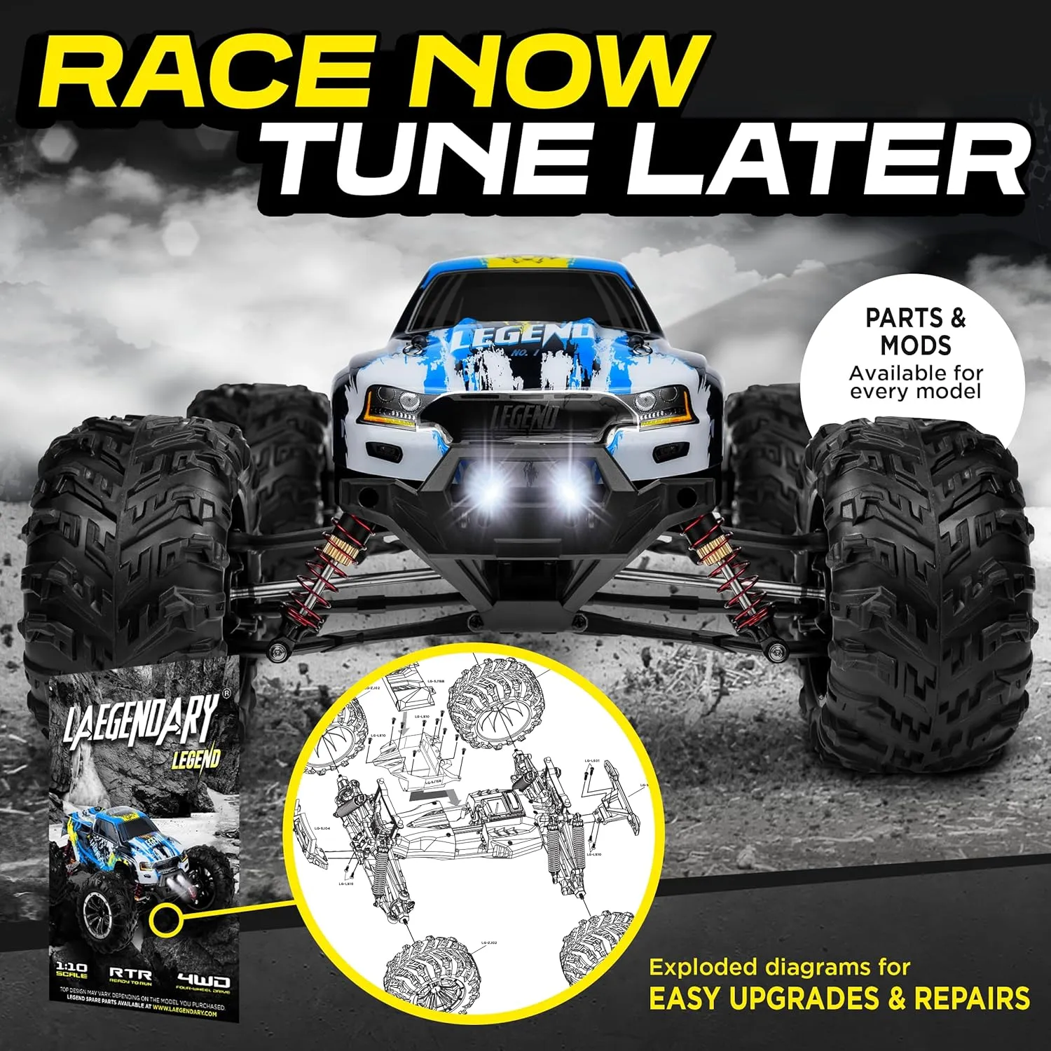 LAEGENDARY 1:10 Scale 4x4 Off-Road RC Truck - Hobby Grade Brushed Motor RC Car with 2 Batteries, Waterproof Fast Remote Control Car for Adults