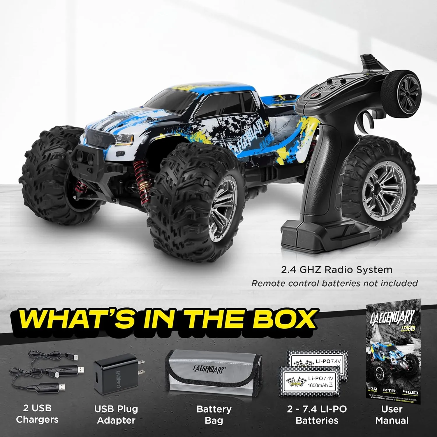 LAEGENDARY 1:10 Scale 4x4 Off-Road RC Truck - Hobby Grade Brushed Motor RC Car with 2 Batteries, Waterproof Fast Remote Control Car for Adults