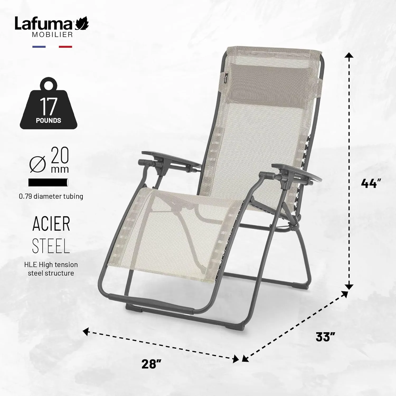 Lafuma Futura LFM3118-8548 Zero Gravity Outdoor Steel Framed Lawn Patio Recliner Folding Lounge Chair with Batyline Canvas, Seigle Grey