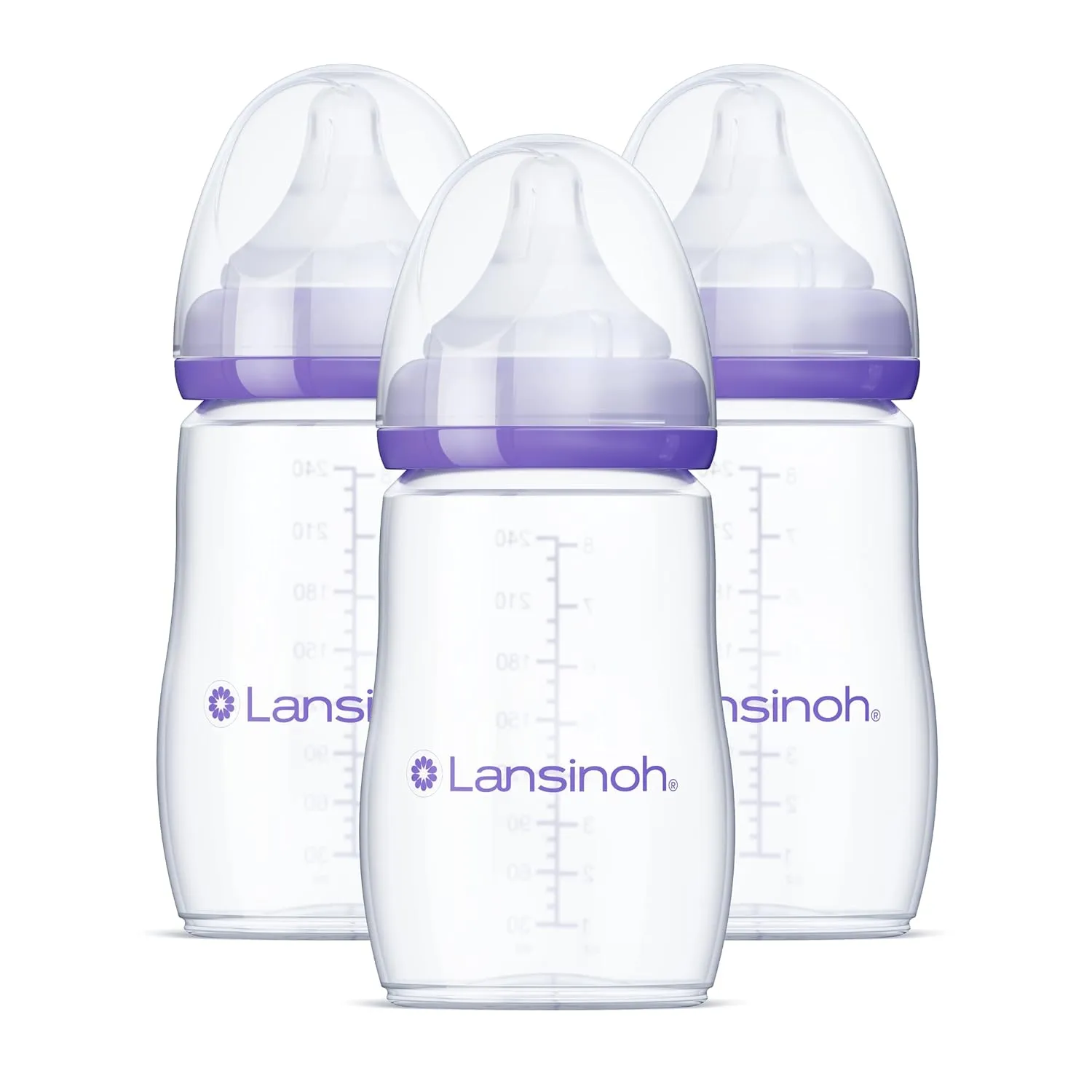 Lansinoh Anti-Colic Baby Bottles for Breastfeeding Babies, 8 Ounces, 3 Count, Includes 3 Medium Flow Nipples, Size M