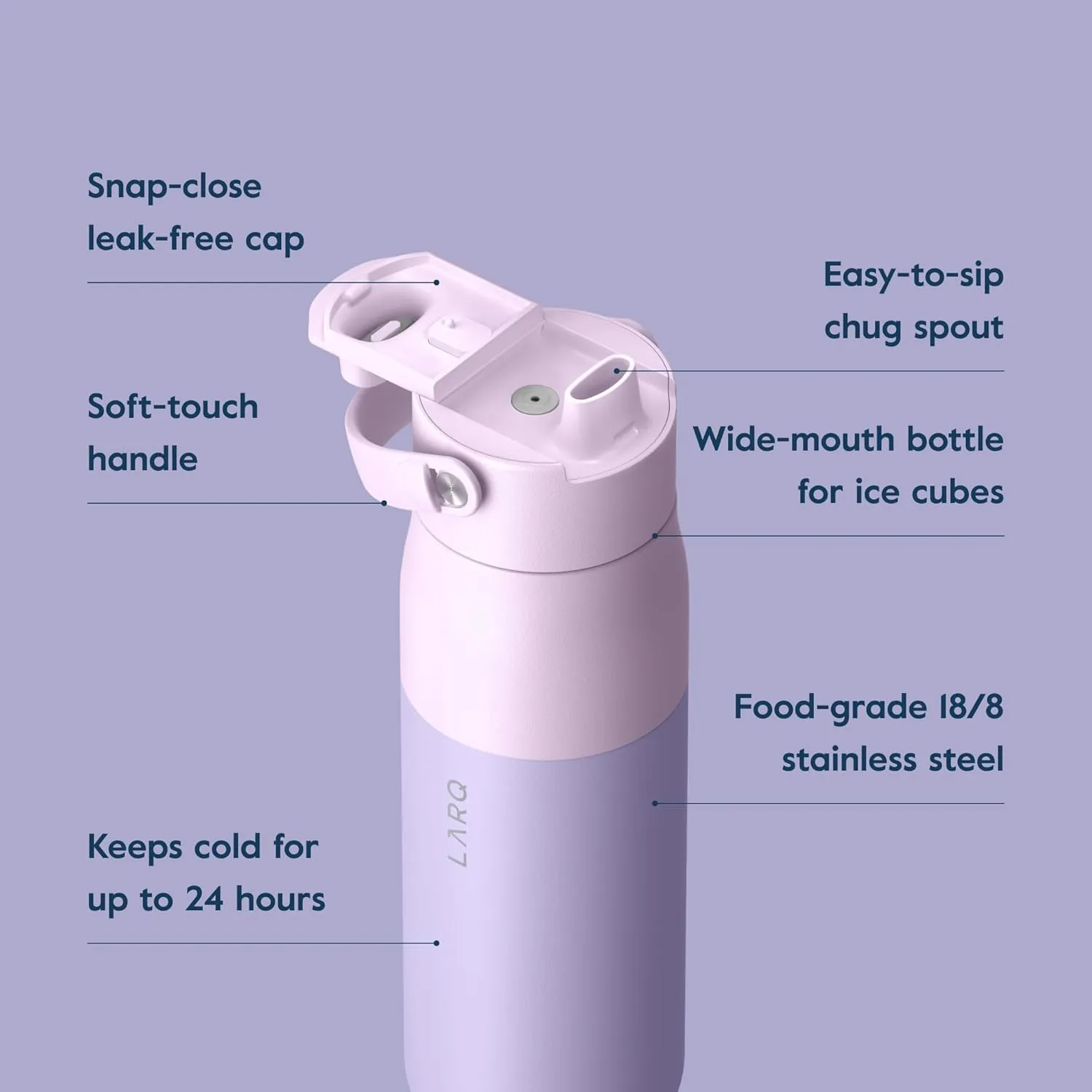 LARQ Swig Top 34oz - Insulated Stainless Steel Water Bottle With Built-In Silicone Handle | Thermos, BPA Free | Reusable Bottle for Sports, Gym, and Travel, Luberon Lavender